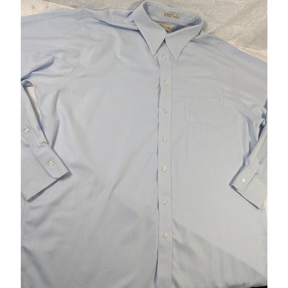John W Nordstrom Men's Dress Shirt 17.5 36 Blue Egyptian Cotton Herringbone READ